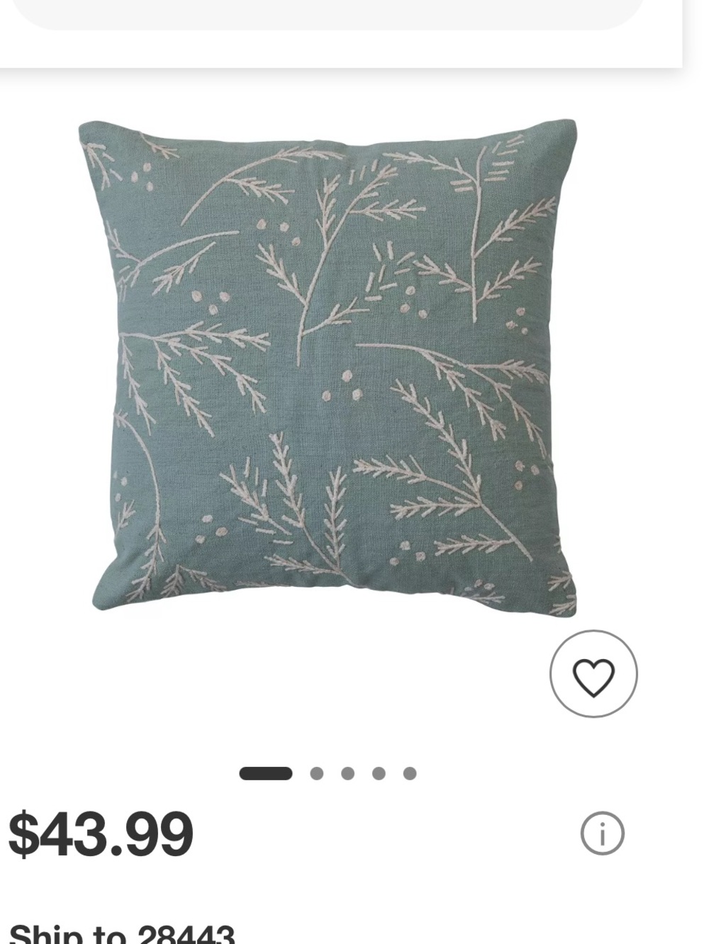 NEW Holiday & Beyond Sage/ MInt embroidered cotton throw pillow. 20 x 20